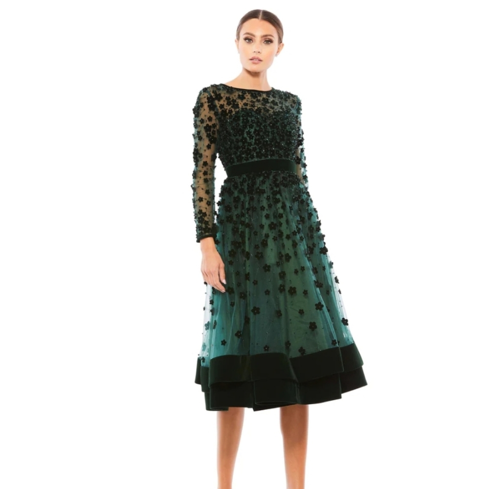 EMBELLISHED ILLUSION HIGH NECK LONG SLEEVE FIT & FLARE Dress